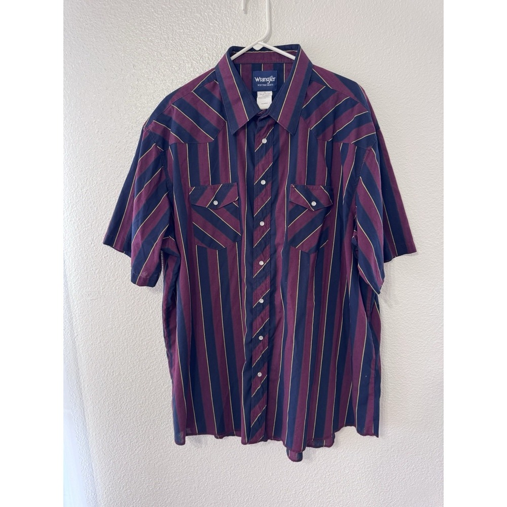 Wrangler Western Shirt Men's 19 Tall Burgundy Navy Pearl Snap Short Sleeve Vtg